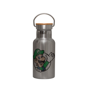 Super mario Luigi win, Stainless steel metallic thermos flask, silver with a bamboo lid, double-walled, 350ml.