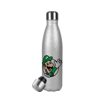 Super mario Luigi win, Μεταλλικό παγούρι θερμός Glitter Aσημένιο (Stainless steel), διπλού τοιχώματος, 500ml
