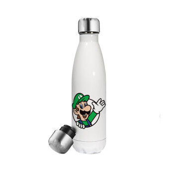 Super mario Luigi win, Metal mug thermos White (Stainless steel), double wall, 500ml