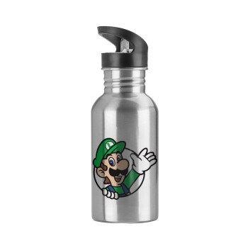 Super mario Luigi win, Water bottle Silver with straw, stainless steel 600ml