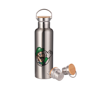 Super mario Luigi win, Stainless steel Silver with wooden lid (bamboo), double wall, 750ml