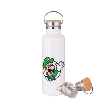 Super mario Luigi win, Μεταλλικό παγούρι θερμός (Stainless steel) Λευκό με ξύλινο καπακι (bamboo), διπλού τοιχώματος, 750ml