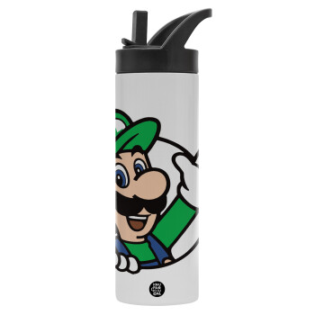 Super mario Luigi win, Metallic thermos bottle with straw & handle, stainless steel (Stainless steel 304), double-walled, 600ml.