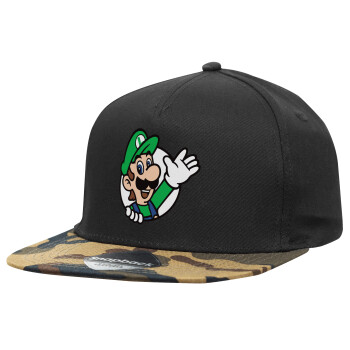 Super mario Luigi win, Adult Flat Snapback Hat Black/Camouflage, (100% COTTON TWILL, ADULT, UNISEX, ONE SIZE)