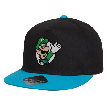 Super mario Luigi win, Καπέλο παιδικό Flat Snapback, Μαύρο/Μπλε (100% ΒΑΜΒΑΚΕΡΟ, ΠΑΙΔΙΚΟ, UNISEX, ONE SIZE)