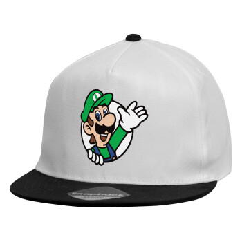 Super mario Luigi win, Καπέλο παιδικό Flat Snapback, Λευκό (100% ΒΑΜΒΑΚΕΡΟ, ΠΑΙΔΙΚΟ, UNISEX, ONE SIZE)