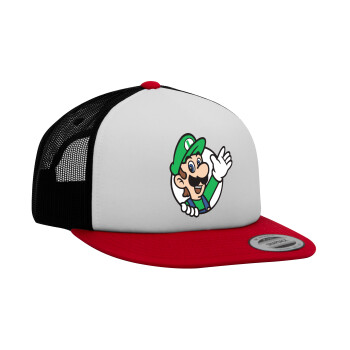 Super mario Luigi win, Καπέλο Ενηλίκων Foam Flat Snapback με Δίχτυ Κόκκινο-Λευκό-Μαύρο (POLYESTER, ΕΝΗΛΙΚΩΝ, UNISEX, ONE SIZE)