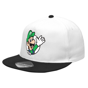 Super mario Luigi win, Καπέλο Ενηλίκων Flat Snapback Λευκό/Μαύρο, (100% ΒΑΜΒΑΚΕΡΟ Twill, ΕΝΗΛΙΚΩΝ, UNISEX, ONE SIZE)