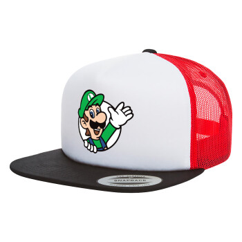 Super mario Luigi win, Adult Foam Flat Snapback with Mesh Black-White-Red (POLYESTER, ADULT, UNISEX, ONE SIZE)