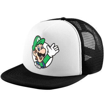 Super mario Luigi win, Adult Soft Trucker Hat with Black/White Mesh (POLYESTER, ADULT, UNISEX, ONE SIZE)