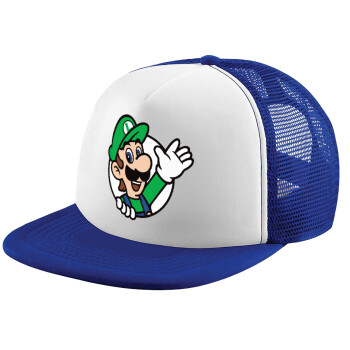 Super mario Luigi win, Καπέλο παιδικό Soft Trucker με Δίχτυ ΜΠΛΕ/ΛΕΥΚΟ (POLYESTER, ΠΑΙΔΙΚΟ, ONE SIZE)