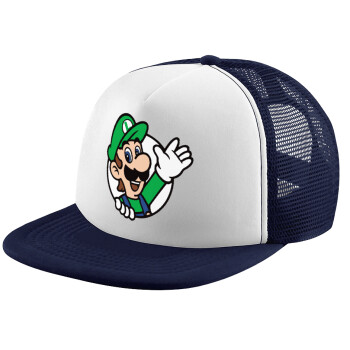 Super mario Luigi win, Adult Soft Trucker Hat with Dark Blue/White Mesh (POLYESTER, ADULT, UNISEX, ONE SIZE)