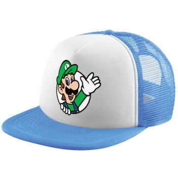 Super mario Luigi win, Καπέλο παιδικό Soft Trucker με Δίχτυ ΓΑΛΑΖΙΟ/ΛΕΥΚΟ (POLYESTER, ΠΑΙΔΙΚΟ, ONE SIZE)