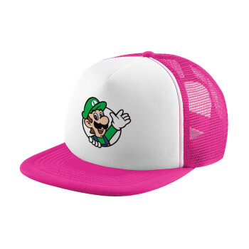 Super mario Luigi win, Adult Soft Trucker Hat with Pink/White Mesh (POLYESTER, ADULT, UNISEX, ONE SIZE)