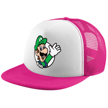 Super mario Luigi win, Adult Soft Trucker Hat with Pink/White Mesh (POLYESTER, ADULT, UNISEX, ONE SIZE)