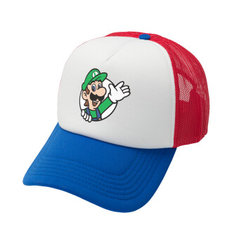 Super mario Luigi win, Adult Soft Trucker Hat with Red/Blue/White Mesh (POLYESTER, ADULT, UNISEX, ONE SIZE)