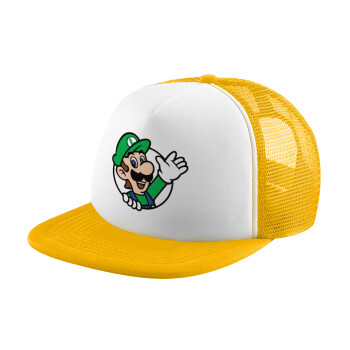 Super mario Luigi win, Adult Soft Trucker Hat with Yellow/White Mesh (POLYESTER, ADULT, UNISEX, ONE SIZE)