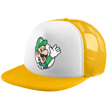 Super mario Luigi win, Adult Soft Trucker Hat with Yellow/White Mesh (POLYESTER, ADULT, UNISEX, ONE SIZE)