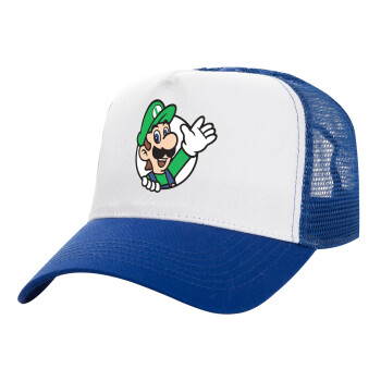 Super mario Luigi win, Adult Structured Trucker Hat, with Mesh, WHITE/BLUE (100% COTTON, ADULT, UNISEX, ONE SIZE)