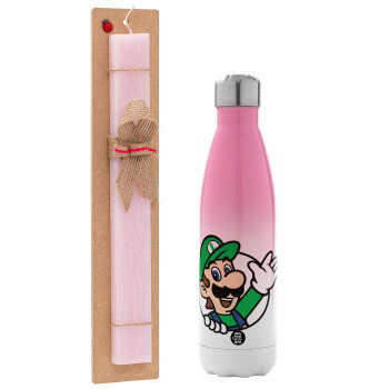 Super mario Luigi win, Easter Set, Metallic pink/white (Stainless steel) thermos, double-walled, 500ml & aromatic flat Easter candle (30cm) (PINK)