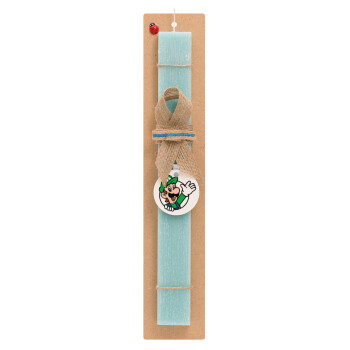 Super mario Luigi win, Easter Set, wooden keychain & aromatic flat Easter candle (30cm) (TURQUOISE)