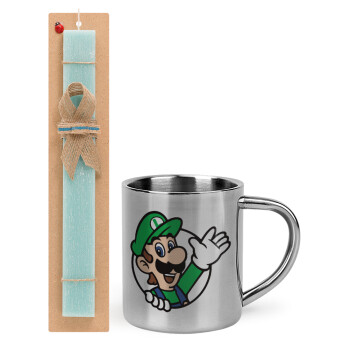 Super mario Luigi win, Easter Set, metallic thermal cup (300ml) & aromatic flat Easter candle (30cm) (TURQUOISE)