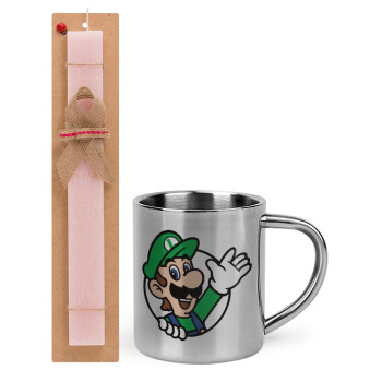 Super mario Luigi win, Easter Set, metallic thermal cup (300ml) & aromatic flat Easter candle (30cm) (PINK)