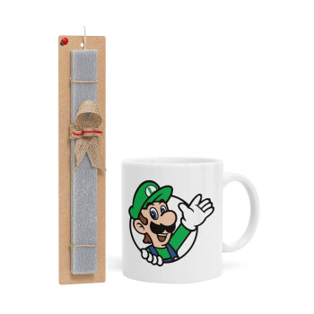 Super mario Luigi win, Πασχαλινό Σετ, Κούπα κεραμική (330ml) & πασχαλινή λαμπάδα αρωματική πλακέ (30cm) (ΓΚΡΙ)