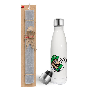 Super mario Luigi win, Easter candle, metallic white thermos bottle (500ml) & aromatic flat candle (30cm) (GRAY)