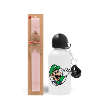 Super mario Luigi win, Easter Set, metallic aluminum bottle (500ml) & aromatic flat Easter candle (30cm) (PINK)