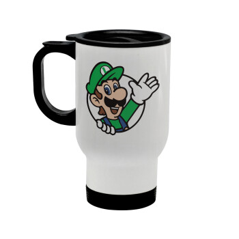 Super mario Luigi win, Stainless steel travel mug with lid, double wall white 450ml