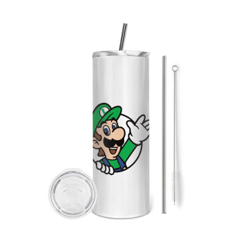 Super mario Luigi win, Eco friendly ποτήρι θερμό (tumbler) από ανοξείδωτο ατσάλι 600ml, με μεταλλικό καλαμάκι & βούρτσα καθαρισμού