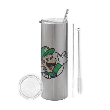 Super mario Luigi win, Eco friendly ποτήρι θερμό Ασημένιο (tumbler) από ανοξείδωτο ατσάλι 600ml, με μεταλλικό καλαμάκι & βούρτσα καθαρισμού