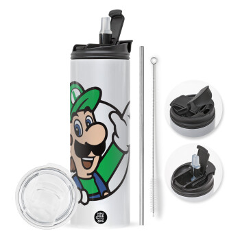 Super mario Luigi win, Travel Tumbler θερμό με διπλό καπάκι, μεταλλικό καλαμάκι και βούρτσα καθαρισμού (Ανωξείδωτο 304 Food grade, BPA free, 600ml)