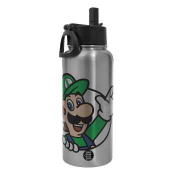 Super mario Luigi win, Metal mug thermo Silver with Straw and Spout Lid (Stainless steel), double wall, 950ml