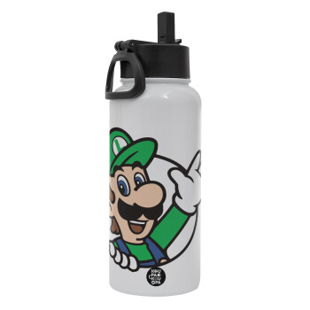 Super mario Luigi win, Metal mug thermo White with Straw and Spout Lid (Stainless steel), double wall, 950ml