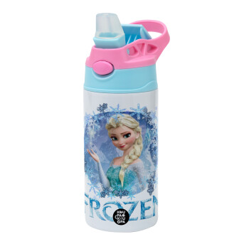 Frozen Elsa, Children's hot water bottle, stainless steel, with safety straw, Pink/BlueCiel (360ml) BPA FREE