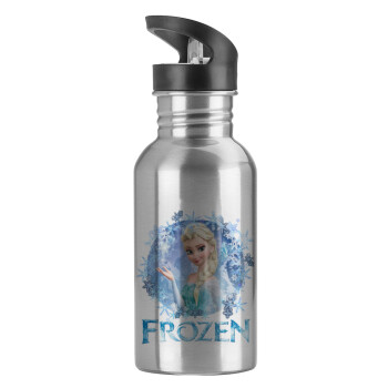 Frozen Elsa, Water bottle Silver with straw, stainless steel 600ml