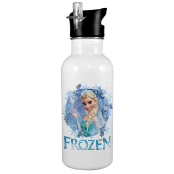 Frozen Elsa, White water bottle with straw, stainless steel 600ml
