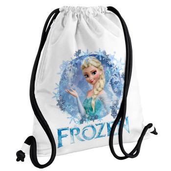 Frozen Elsa, Τσάντα πλάτης πουγκί GYMBAG λευκή, με τσέπη (40x48cm) & χονδρά κορδόνια