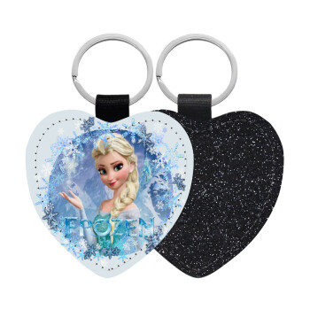 Frozen Elsa, Μπρελόκ PU δερμάτινο glitter καρδιά ΜΑΥΡΟ