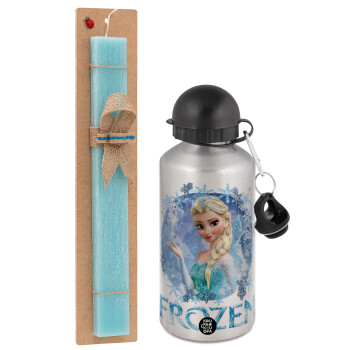 Frozen Elsa, Πασχαλινό Σετ, παγούρι μεταλλικό Ασημένιο αλουμινίου (500ml) & πασχαλινή λαμπάδα αρωματική πλακέ (30cm) (ΤΙΡΚΟΥΑΖ)