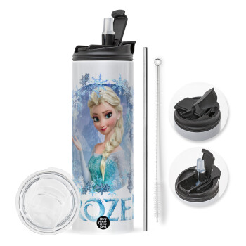 Frozen Elsa, Travel Tumbler θερμό με διπλό καπάκι, μεταλλικό καλαμάκι και βούρτσα καθαρισμού (Ανωξείδωτο 304 Food grade, BPA free, 600ml)