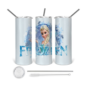 Frozen Elsa, Tumbler ποτήρι θερμό από ανοξείδωτο ατσάλι 600ml, με μεταλλικό καλαμάκι & βούρτσα καθαρισμού