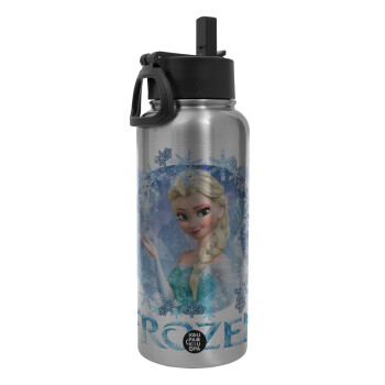 Frozen Elsa, Μεταλλικό παγούρι θερμός Silver με καλαμάκι και χερούλι (Stainless steel), διπλού τοιχώματος, 950ml