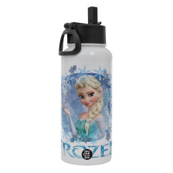 Frozen Elsa, Metal mug thermo White with Straw and Spout Lid (Stainless steel), double wall, 950ml