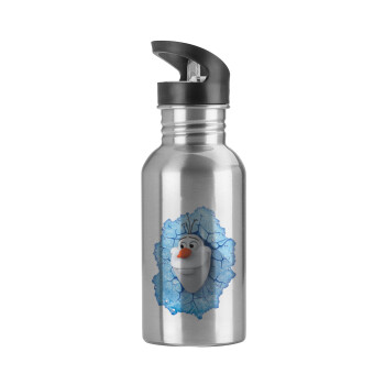 Frozen Olaf, Water bottle Silver with straw, stainless steel 600ml