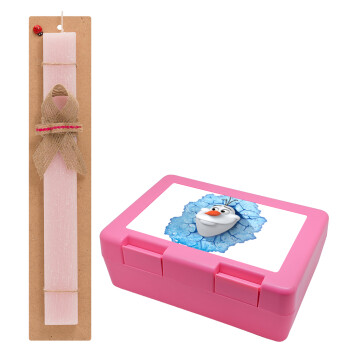 Frozen Olaf, Πασχαλινό Σετ, παιδικό δοχείο κολατσιού ΡΟΖ & πασχαλινή λαμπάδα αρωματική πλακέ (30cm) (ΡΟΖ)