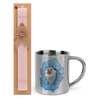 Frozen Olaf, Easter Set, metallic thermal cup (300ml) & aromatic flat Easter candle (30cm) (PINK)