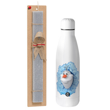 Frozen Olaf, Easter Set, metallic Inox water bottle (700ml) & Easter scented flat candle (30cm) (GRAY)